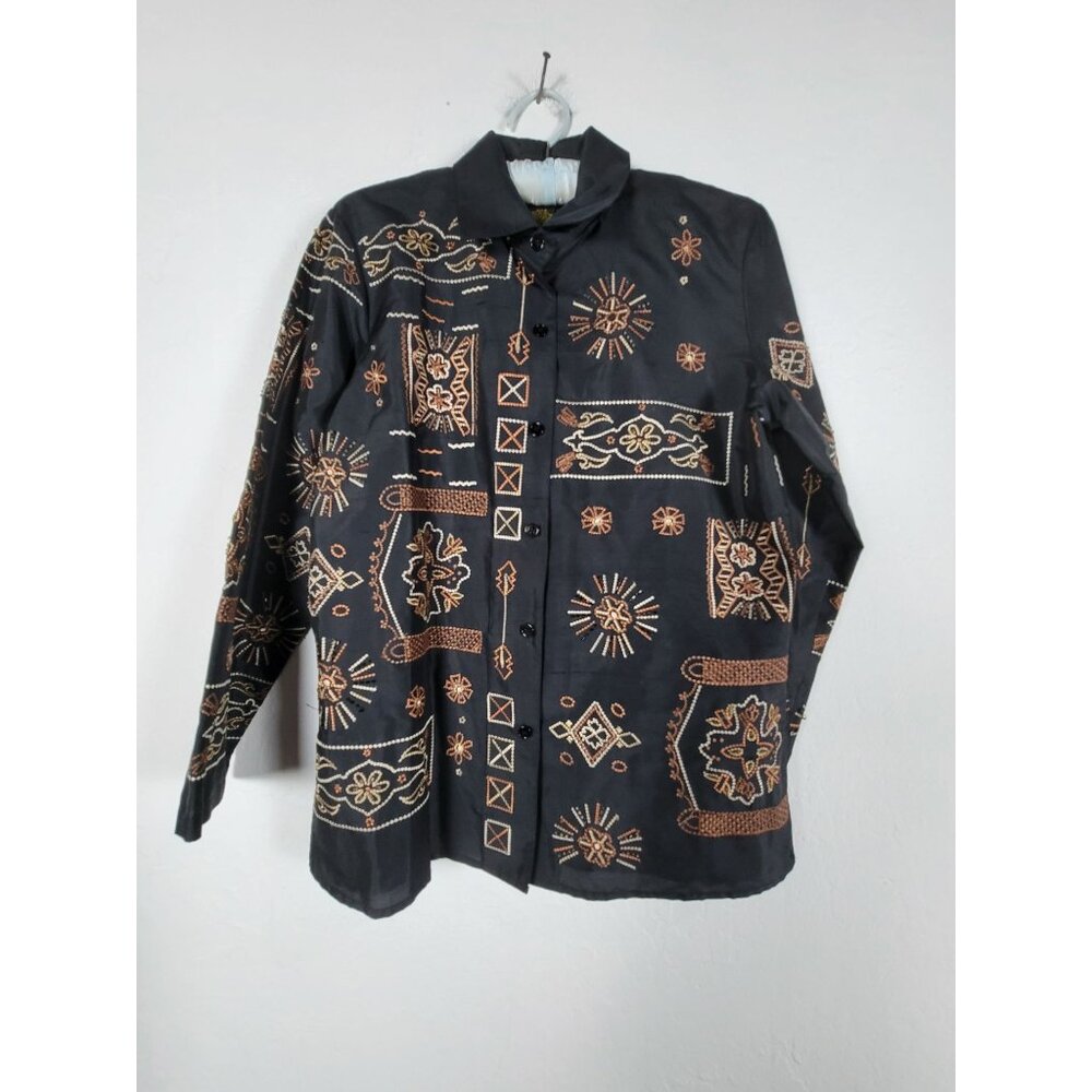 Vintage Mirasol Womens Silk Blend Button-Up Shirt Small Black Tribal Embroidery